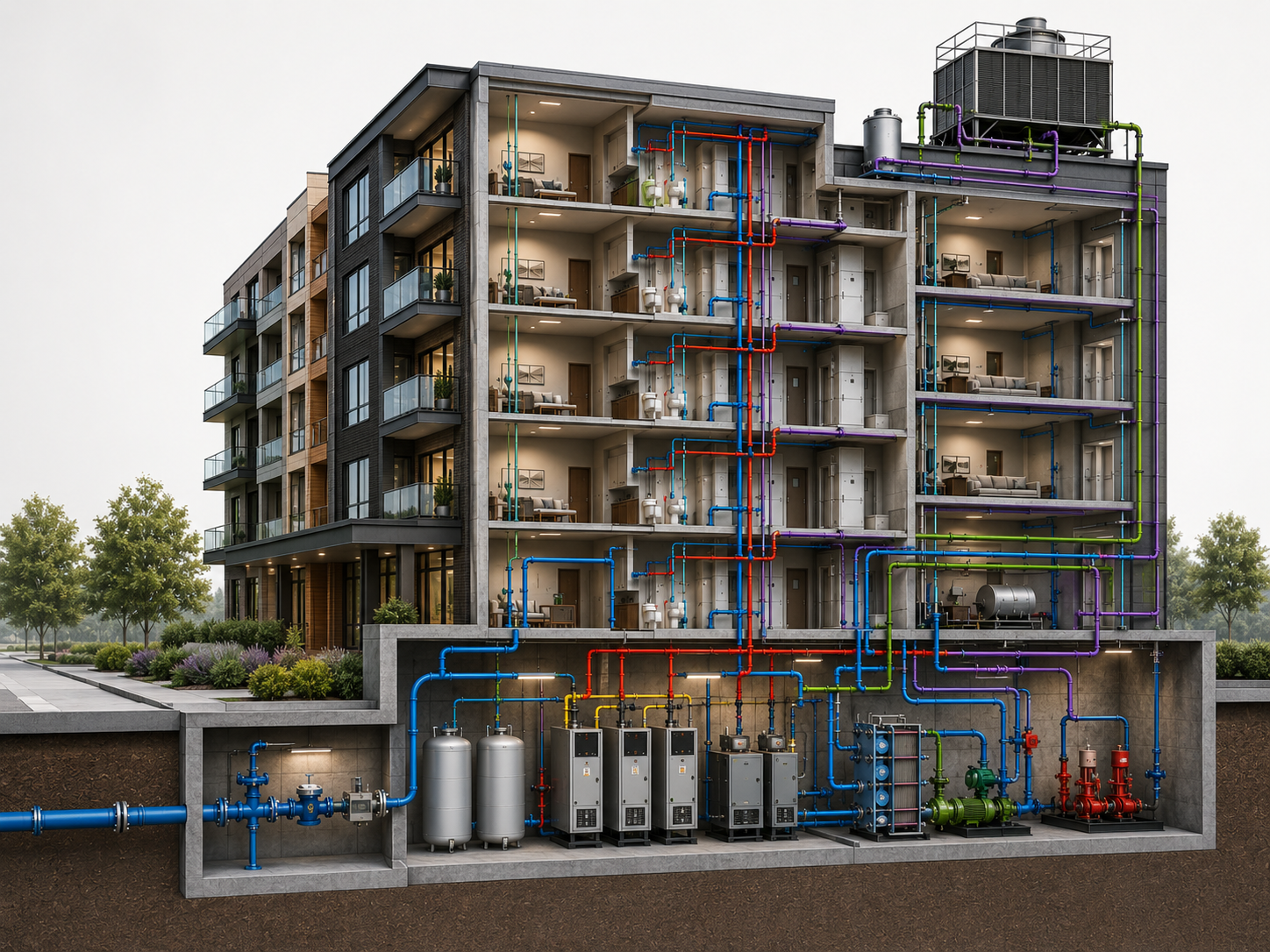 Detailed cutaway of an apartment building showing mechanical, water, electrical, and comfort systems